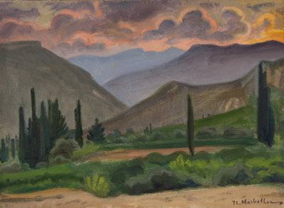 Corinthian Landscape, Cypresses, Mountains at Sunset — Oil painting, Canvas, 40.00×55.00cm — Theodoros Markellos